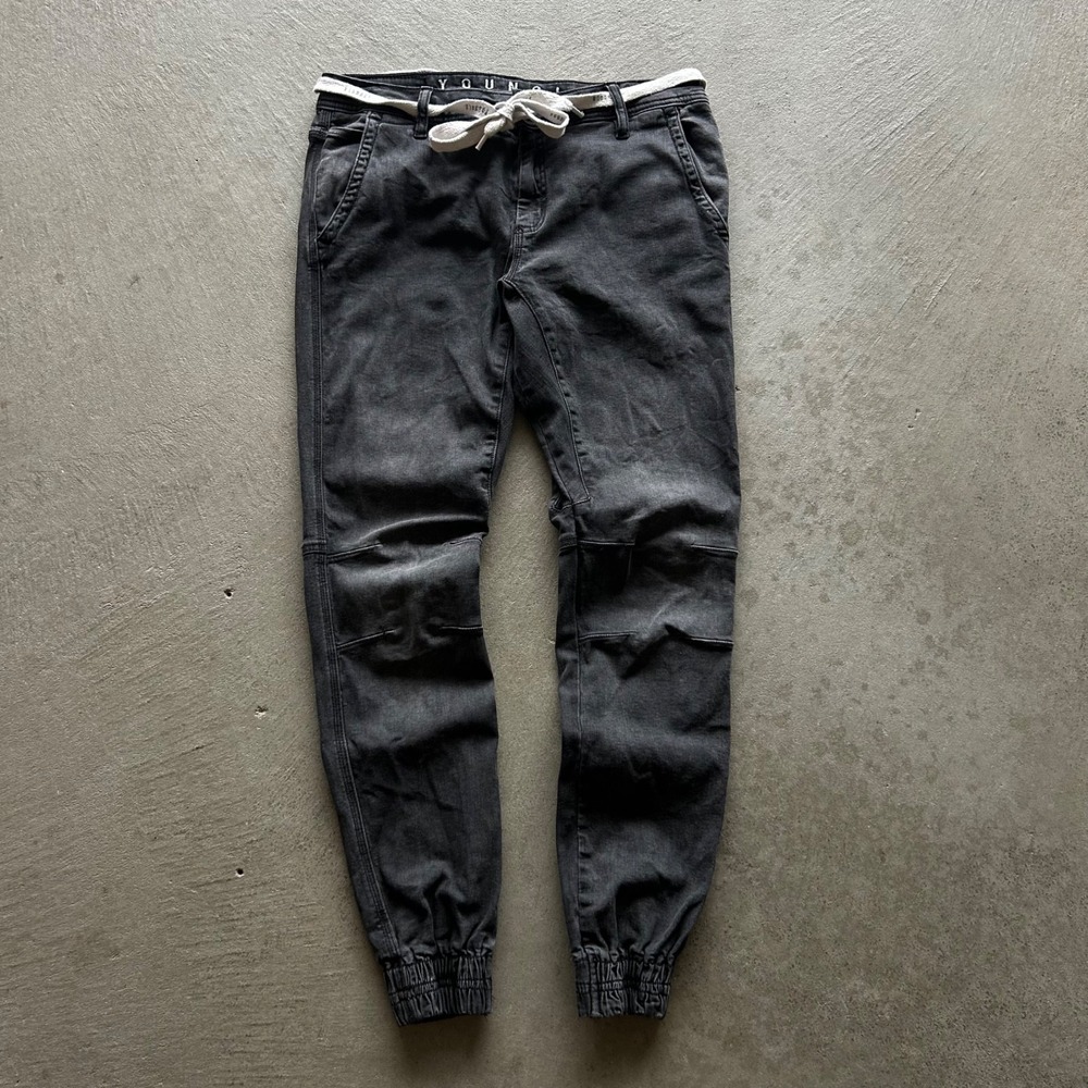 YoungLA Denim Joggers Mens Size 32 Black Washed Stretch Jean Pants Cuffed Gym